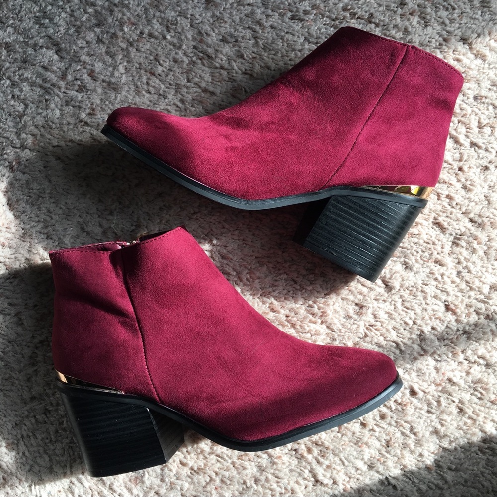 Charlotte Russe Burgundy Suede Gold Accent Booties